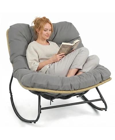 Gymax Outdoor Papasan Rocking Chair Oversized Egg-shaped Rocker with Thick Cushioned Seat
