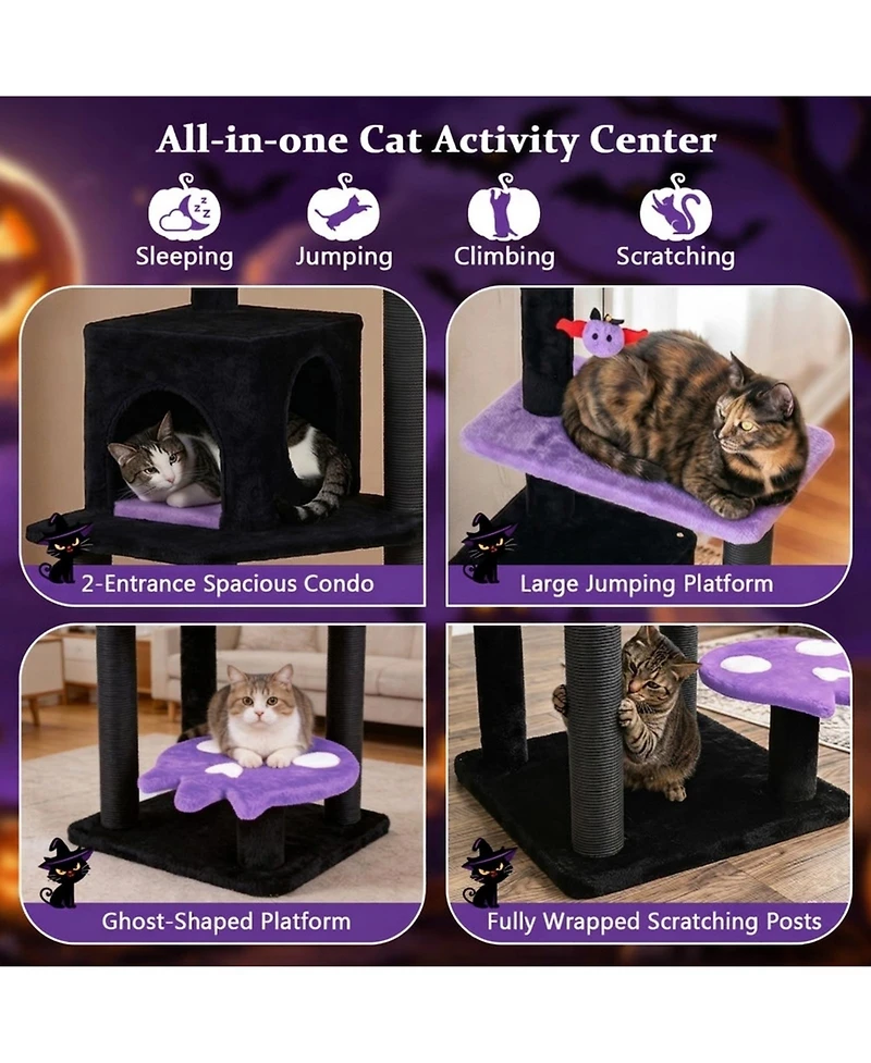 Hongge Spooky 57 Inch Cat Tower with Spider-Shaped Hanging Toy