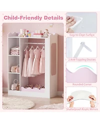 Hongge Kids Wardrobe Storage Closet with Full-Length Mirror Hanging Rack and Open Shelves