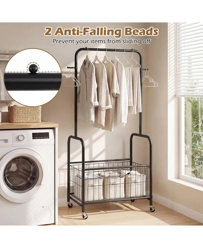 Hongge Rolling Metal Clothes Rack with Hanging Rod and Large Storage Basket