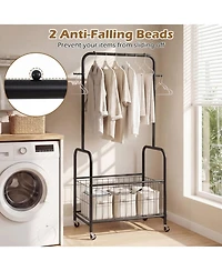 Hongge Rolling Metal Clothes Rack with Hanging Rod and Large Storage Basket