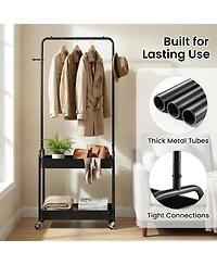 Hongge Heavy-Duty Rolling Clothes Rack with Hanging Rod and 2 Storage Baskets