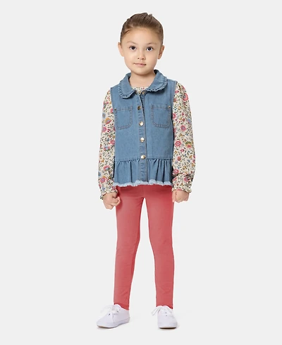 Kids Headquarters Toddler Girls' 2T-4T Denim Vest, Long-Sleeve Top and Leggings, 3-Piece Set