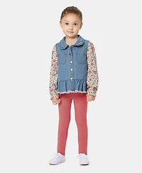 Kids Headquarters Toddler Girls' 2T-4T Denim Vest, Long-Sleeve Top and Leggings, 3-Piece Set