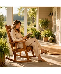 Solid Wood Outdoor Rocking Chair, All-Weather High Back Patio Rocker with Comfortable Recline and Contoured Seat Deep Brown)