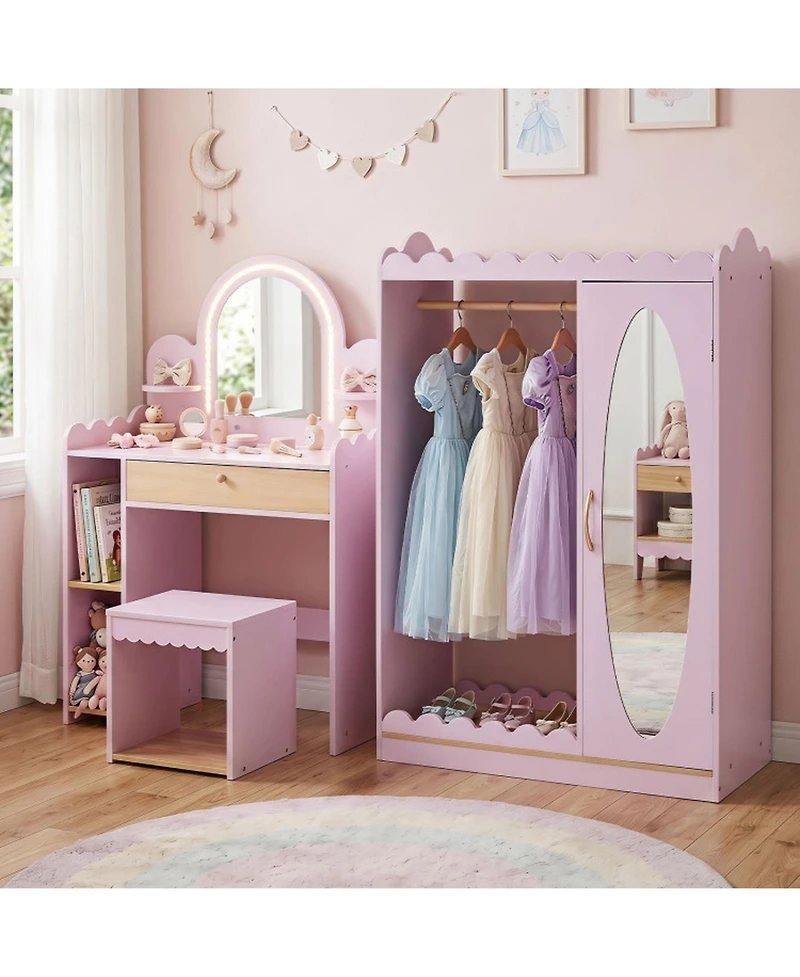 Hongge Lighted Makeup Mirror 2-Piece Vanity and Chair Set, Ages 3+