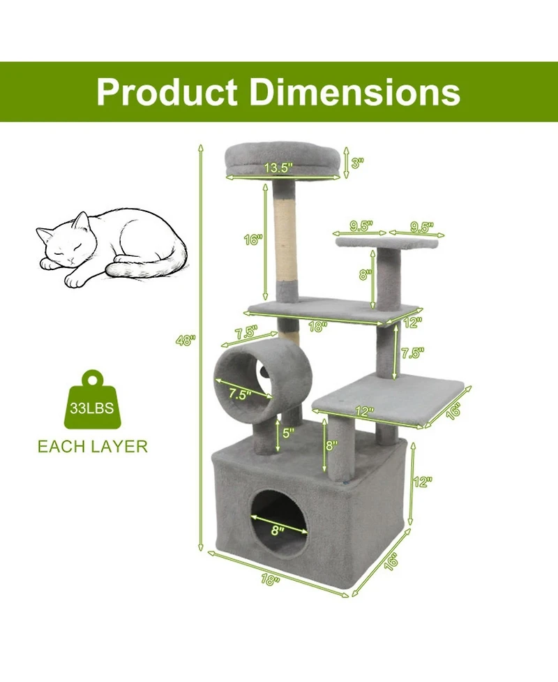Hongge 48 Inch Multi-Level Cat Tree with Cylinder Play Tunnel