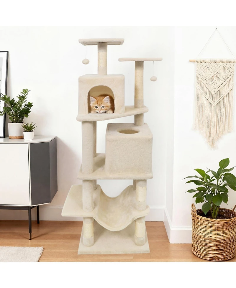 Hongge 57 Inch Cat Tree with Dual Condos on a Wide 29 Inch Base