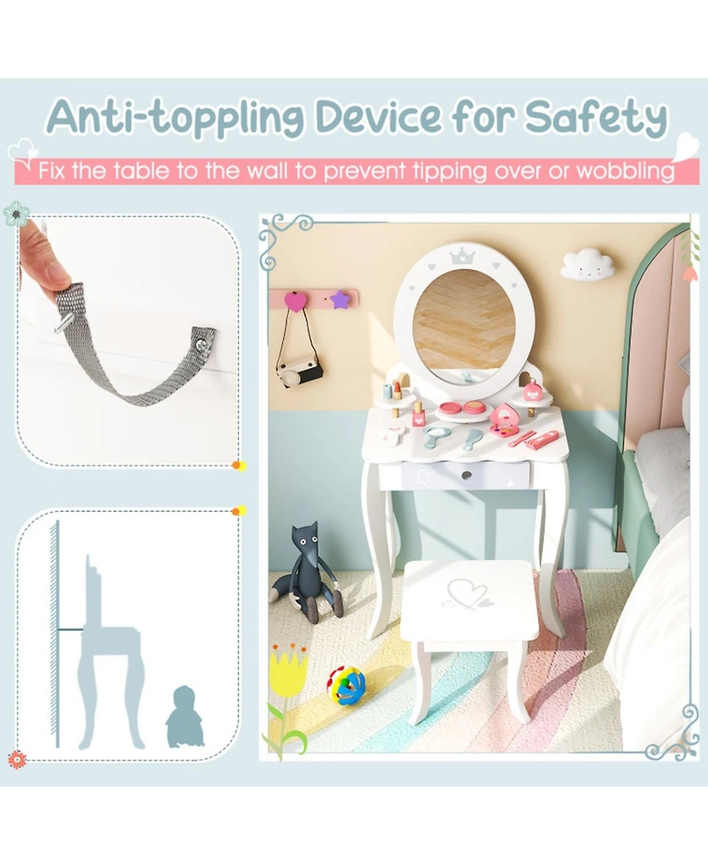 Hongge 2-in-1 Wood Kids' Desk Set with Removable Mirror and Stool