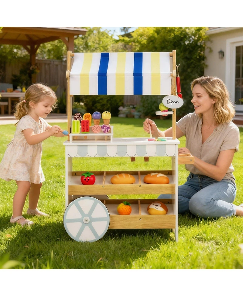 Hongge 2-in-1 Wooden Ice Cream Cart and Grocery Store Playset for Kids