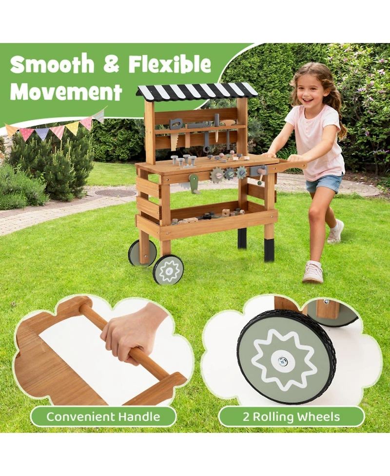 Hongge 2-in-1 Rolling Wooden 47-Piece Tool Bench Cart, Ages 3+