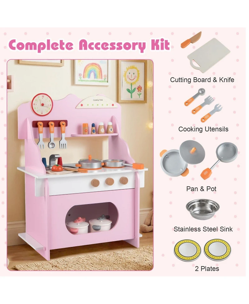 Hongge Wooden Double-Burner Play Kitchen with Learning Clock, 12-Piece Set, Ages 3+