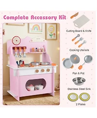 Hongge Wooden Double-Burner Play Kitchen with Learning Clock, 12-Piece Set, Ages 3+