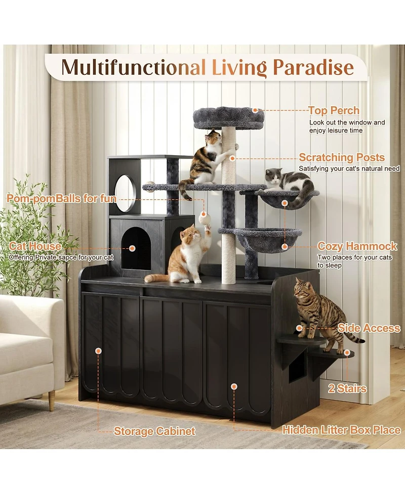 6thdruple 50.6" Cat Tree with Hidden Litter Box, Multi-Level Tower Storage and Hammocks