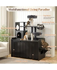 6thdruple 50.6" Cat Tree with Hidden Litter Box, Multi-Level Tower Storage and Hammocks