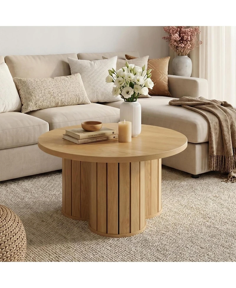 Tribesigns Round Coffee Table, 31.5" Wooden Circle Coffee Table with Three-lobed Grille Base, Small Accent Center Table