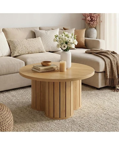 Tribesigns Round Coffee Table, 31.5" Wooden Circle Coffee Table with Three-lobed Grille Base, Small Accent Center Table