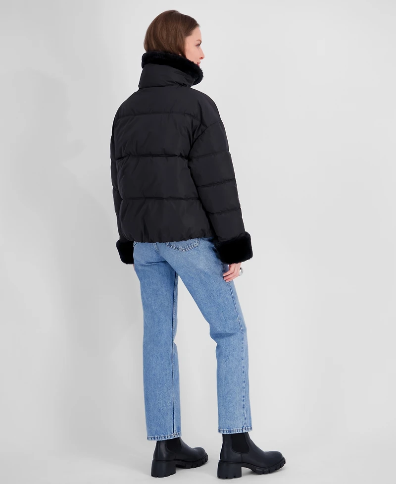 Tahari Womens Sherpa Cuff and Collar Puffer Coat