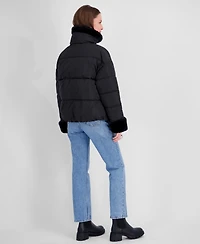 Tahari Womens Sherpa Cuff and Collar Puffer Coat