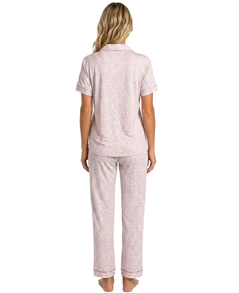 Roudelain Women's Long-Sleeve Satin Piping Top & Drawstring Pants, 2-Piece Pajama Set