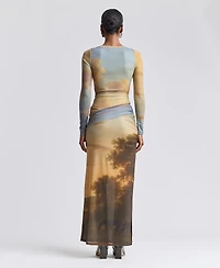 Avec Les Filles Women's Scoop Neck Long-Sleeve Shirred Waist Maxi Dress