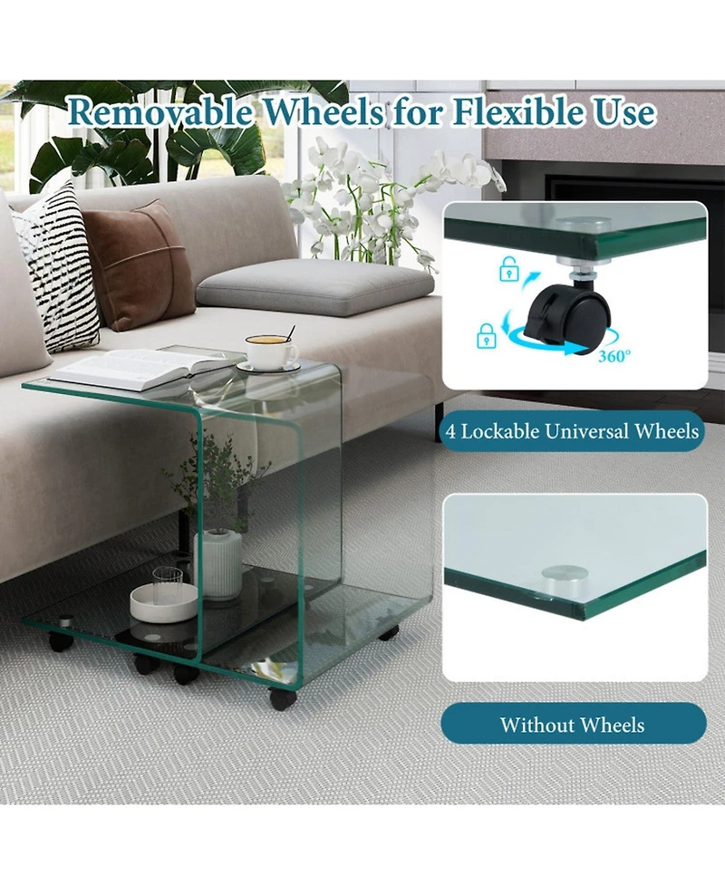 Sugift C-Shaped Tempered Glass End Table with Shelf and Detachable Wheels