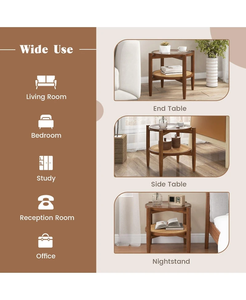 Sugift Round Rattan Side End Table with Tempered Glass Tabletop and Shelf