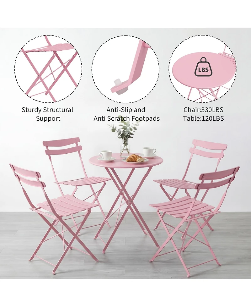 homfan 5-Piece Patio Bistro Set Folding Metal Frame Outdoor/Indoor Table and Chairs, No Assembly Needed, Space-Saving for Balcony Yard Garden