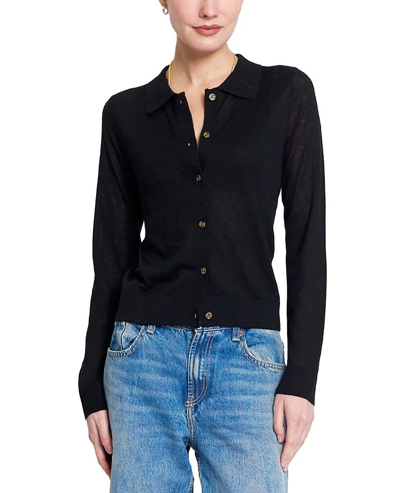 Central Park West Women's Sienna Sheer Isla Button-Up Collared Long-Sleeve Sweater