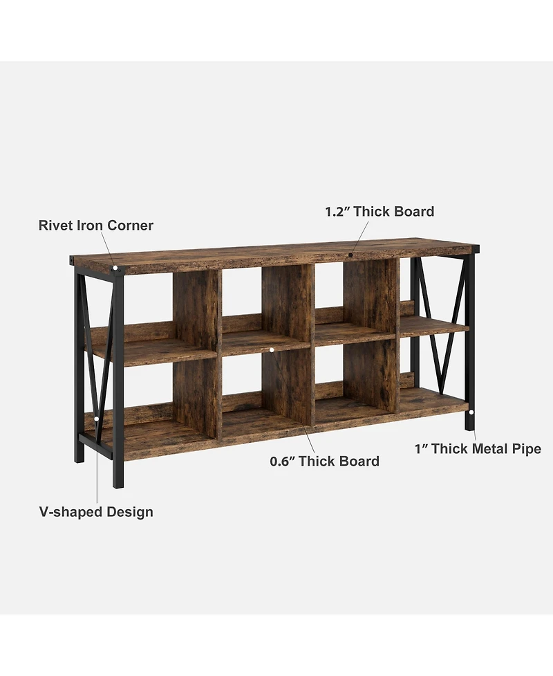 homfan 8-Cube Bookshelf Storage Organizer with Industrial Metal Frame, 62" Console Table, Tv Stand, Rustic Farmhouse Style