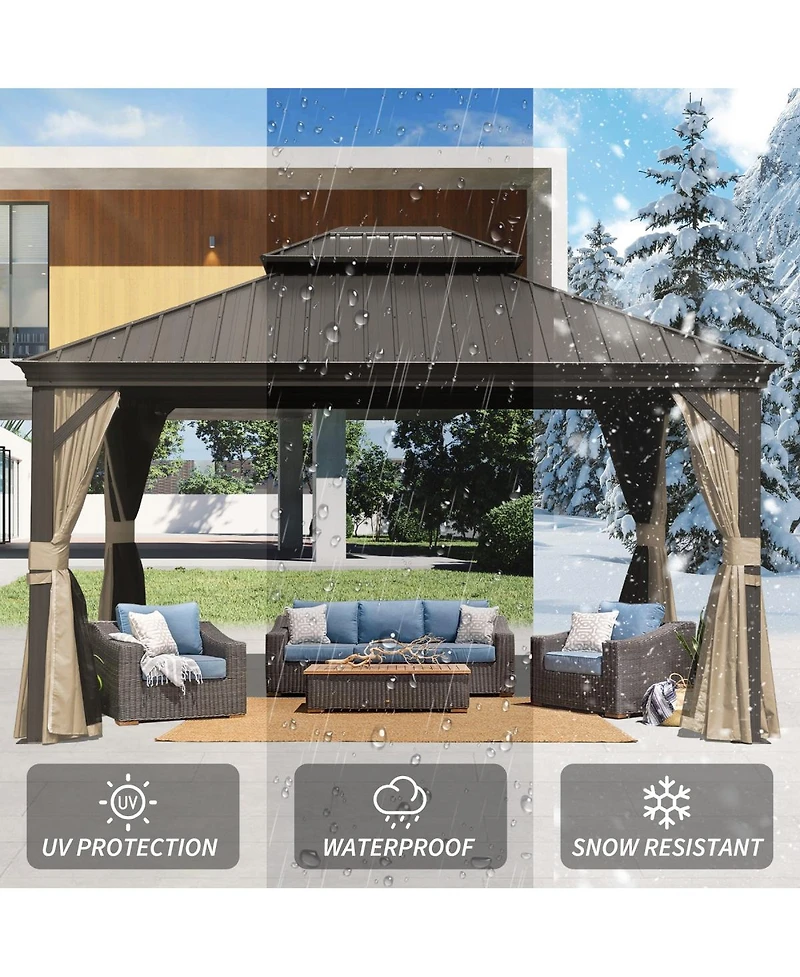 Asagikoiai 10x14 Ft Metal Outdoor Hardtop Gazebo, Double Roof Patio Canopy with Netting and Curtains