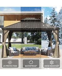 Asagikoiai 10x14 Ft Metal Outdoor Hardtop Gazebo, Double Roof Patio Canopy with Netting and Curtains