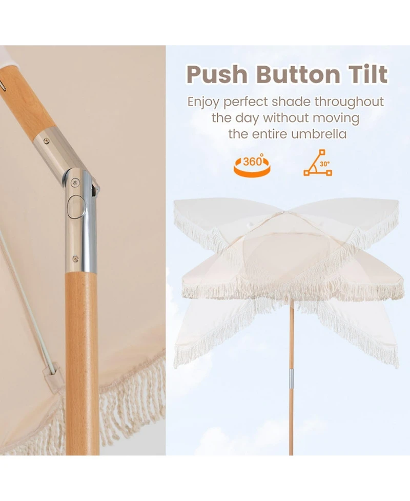 Gouun 6 Feet Boho Patio Umbrella with Fringe Tassels Wood Pole and Push Tilt