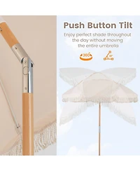 Gouun 6 Feet Boho Patio Umbrella with Fringe Tassels Wood Pole and Push Tilt