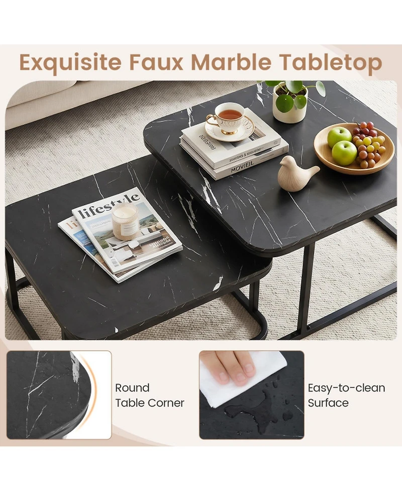 Sugift Set of 2 Nesting Coffee Tables with Faux Marble Top and Metal Frame