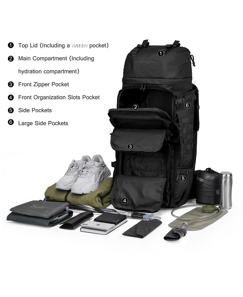 Piscifun 75L Molle Hiking Backpack With Rain Cover Hydration Compartment For Camping Travel