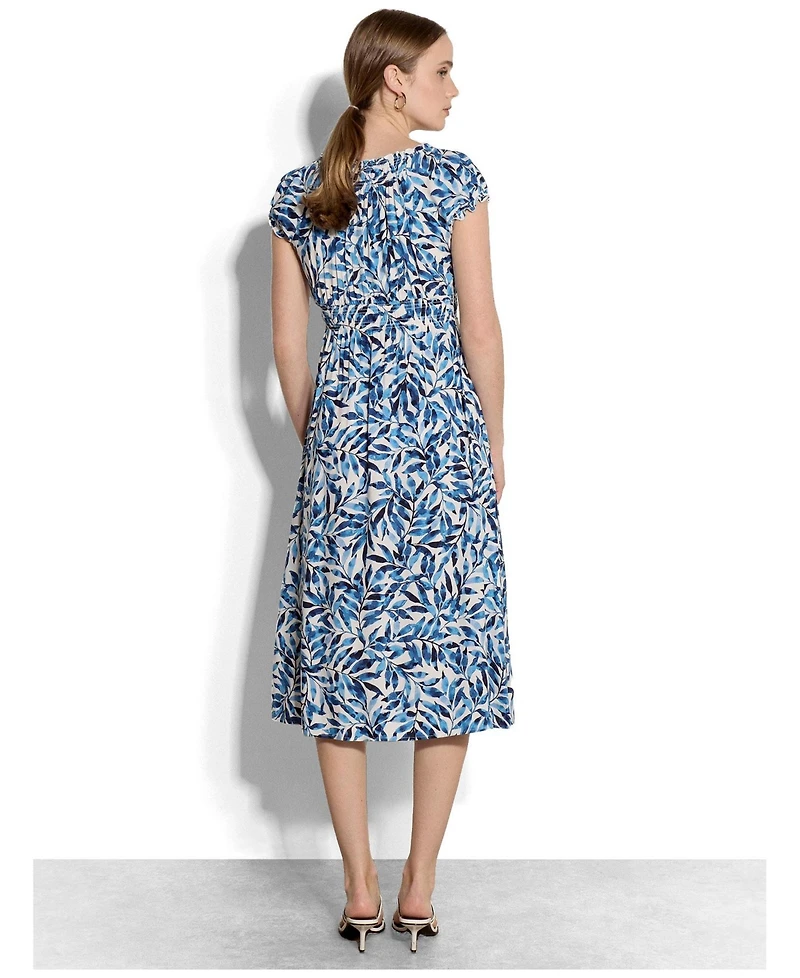 Apricot Women's Milkmaid Watercolour Leaf Smocked Waist Midi Square Neck Dress