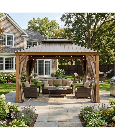 Asagikoiai 10x12 Ft Outdoor Hardtop Gazebo, Wood-Looking Metal Patio Canopy with Double Roof
