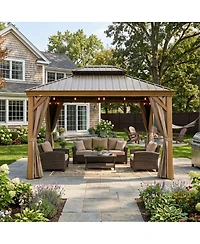Asagikoiai 10x12 Ft Outdoor Hardtop Gazebo, Wood-Looking Metal Patio Canopy with Double Roof