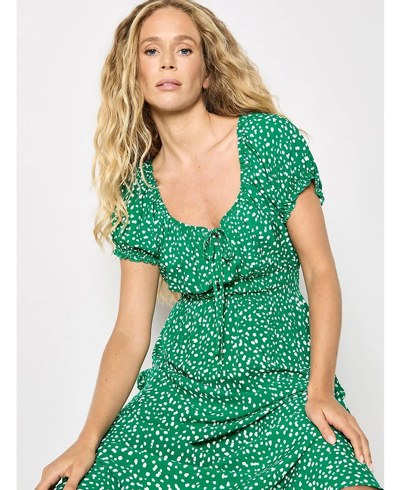 Apricot Women's Milkmaid Midi Spot Printed Smocked-Waist Puff-Sleeve Dress