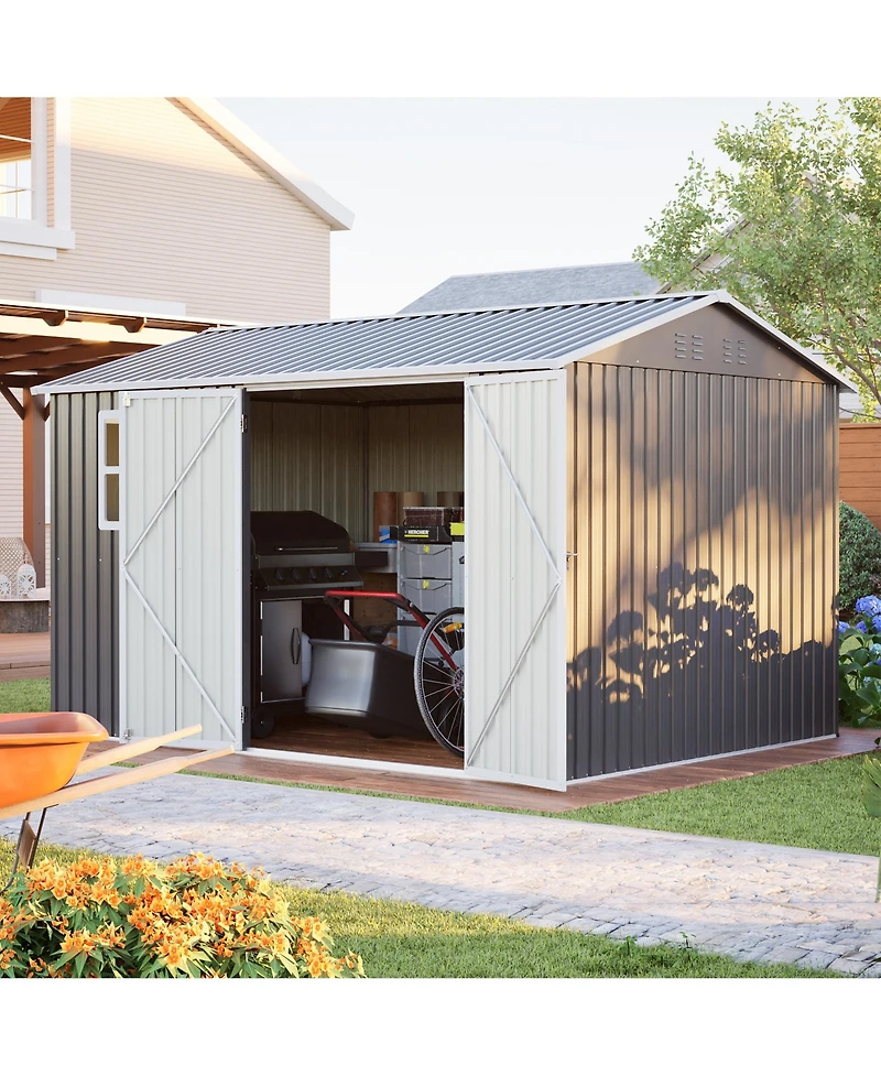 Mondawe 10 x 8 ft Steel Storage Shed with Window Lockable Doors and Sloped Roof