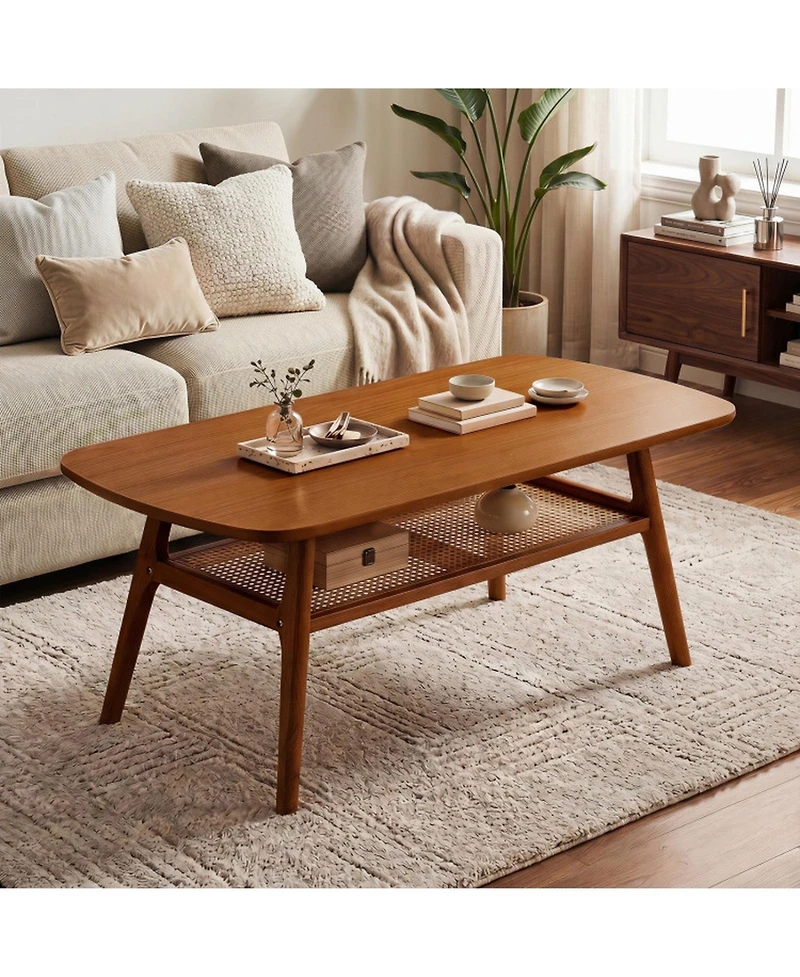 Sugift 2-Tier Boho Rattan Table with Rounded Corners and Open Shelf