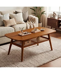 Sugift 2-Tier Boho Rattan Table with Rounded Corners and Open Shelf