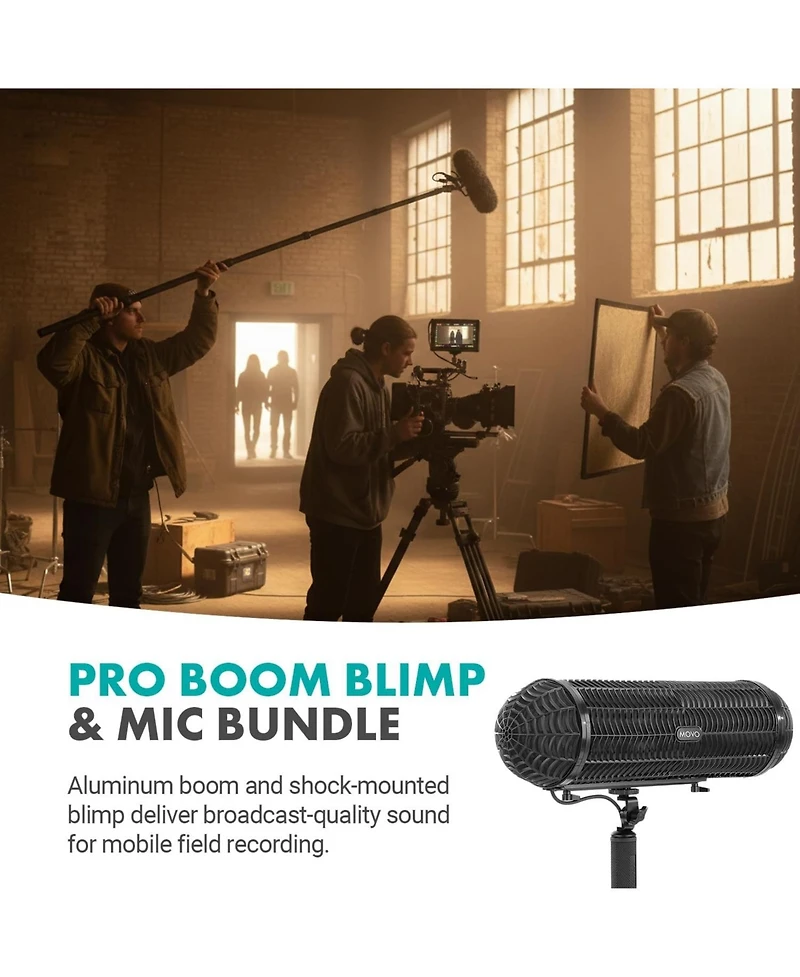 Movo Boom Mic Kit with Supercardioid Shotgun Microphone, 9.8-Foot Boom Pole, Blimp, and Deadcat Windsceens