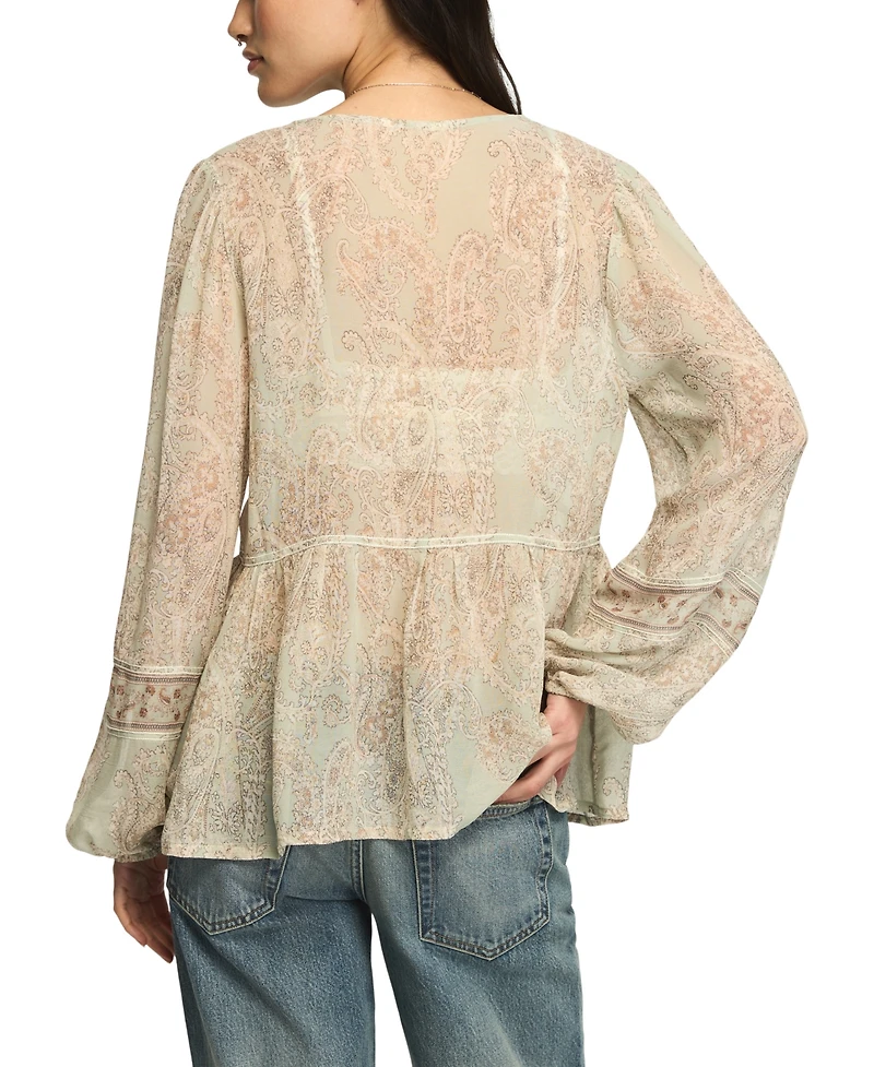 Lucky Brand Women's Mixed-Print Lace-Inset Peasant Top