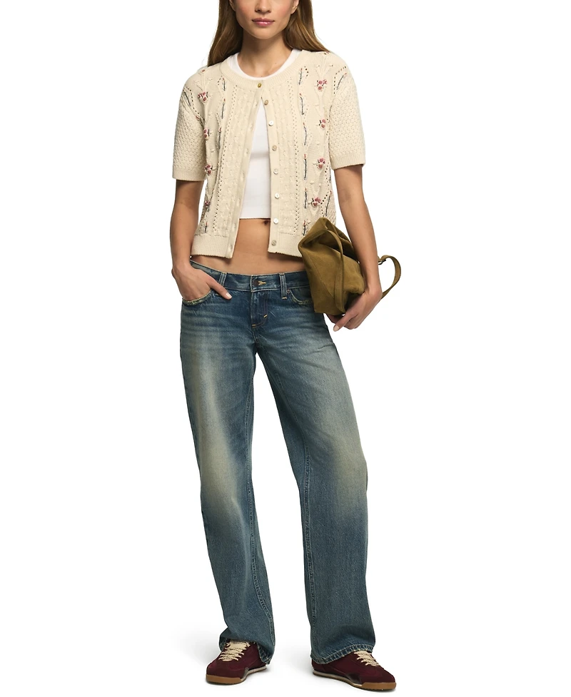 Lucky Brand Women's Rosette Button Up Short-Sleeve Cable-Knit Crop Cardigan