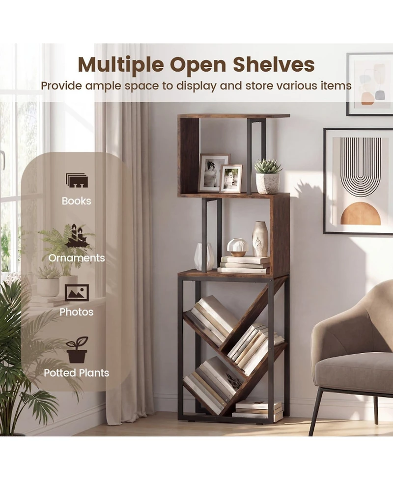 Sugift 6-Tier Floor Standing S-Shaped Geometric Tree Bookshelf Bookcase with Open Shelves