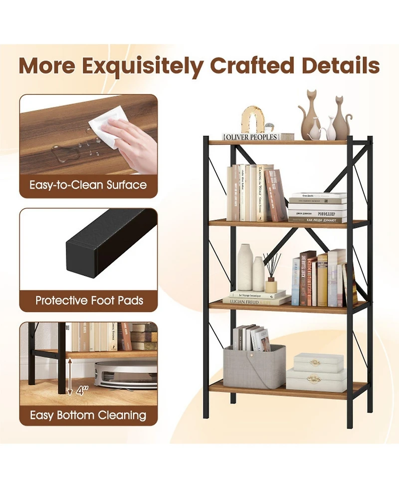Sugift 4-Tier Bookshelf with Heavy-Duty Metal Frame and X-Braced Reinforcement