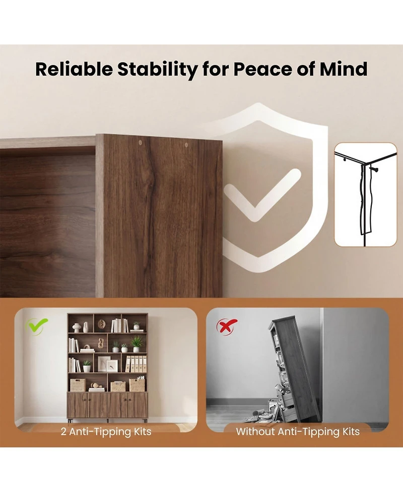 Sugift Bookshelf With 4 Doors and 2 Anti-Tipping Kits for Home Office