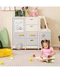 Sugift Kids Bus-Shaped Toy Storage Organizer Children Cabinet with 4 Pull-out Drawers and Whiteboard